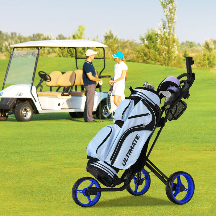 Folding 3 Wheels Golf Push Cart with Brake Scoreboard Adjustable Handle-Blue