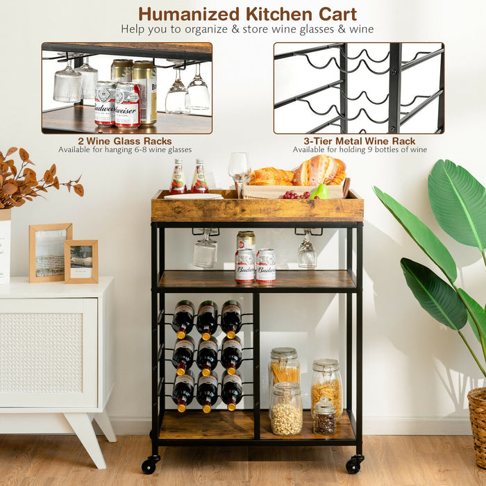 3-Tier Wood Rolling Kitchen Serving Cart with 9 Wine Bottles Rack Metal Frame-Rustic Brown