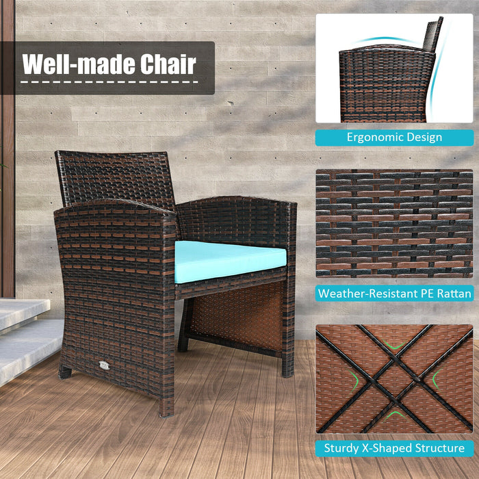 3 Pieces PE Rattan Wicker Furniture Set with Cushion Sofa Coffee Table for Garden-Turquoise