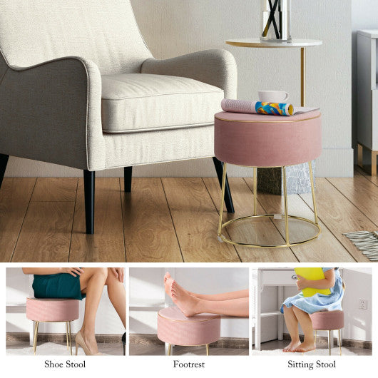 Round Velvet Footrest Stool Ottoman with Non-Slip Foot Pads for Bedside-Pink