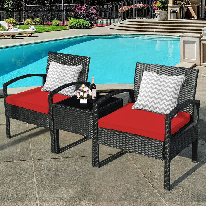 3 Pieces Outdoor Rattan Patio Conversation Set with Seat Cushions-Red