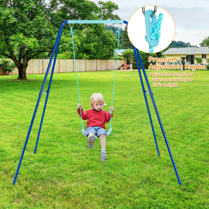 Outdoor Kids Swing Set with Heavy-Duty Metal A-Frame and Ground Stakes-Blue