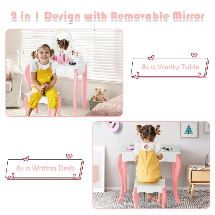 Kids Vanity Princess Makeup Dressing Table Stool Set with Mirror and Drawer-White