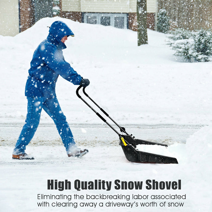 Folding Snow Pusher Scoop Shovel with Wheels and Handle-Black