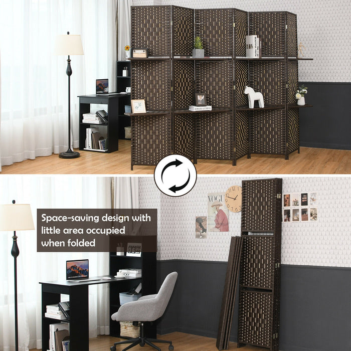 6 Panel Folding Weave Fiber Room Divider with 2 Display Shelves -Brown