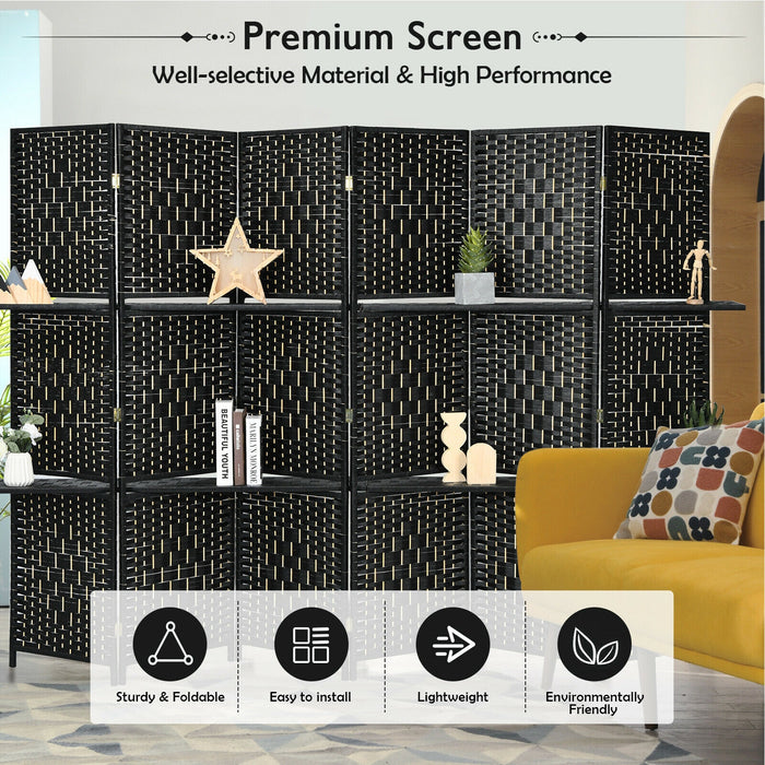 6 Panel Folding Weave Fiber Room Divider with 2 Display Shelves -Black