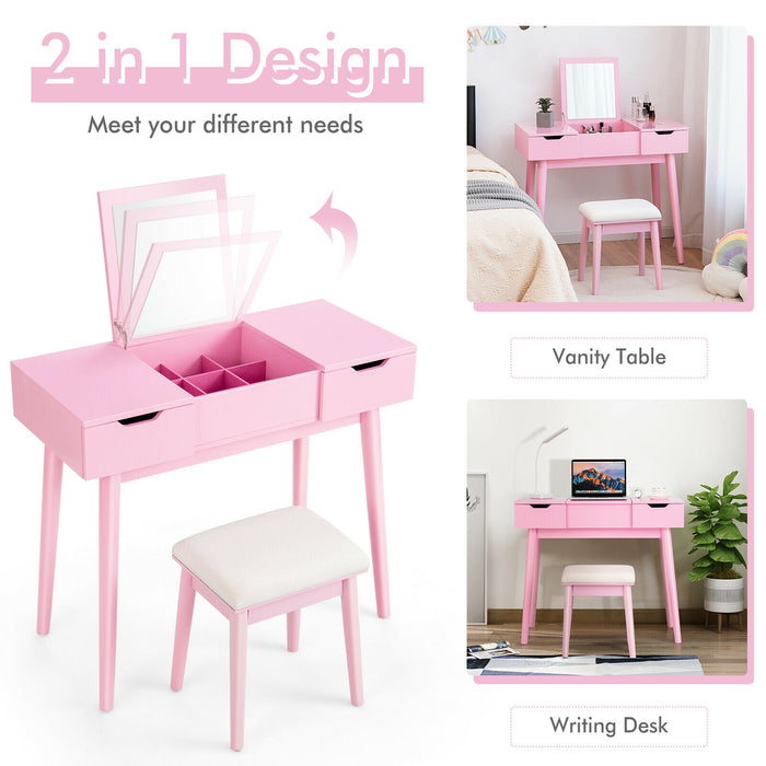 Makeup Vanity Table Set with Flip Top Mirror and 2 Drawers-Pink