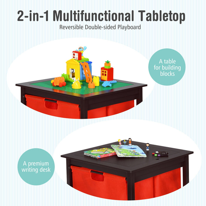 2-in-1 Kids Double-sided Activity Building Block Table with Drawers-Brown