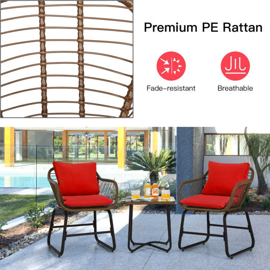 3 Pieces Patio Rattan Bistro Set Cushioned Chair Glass Table Deck-Red