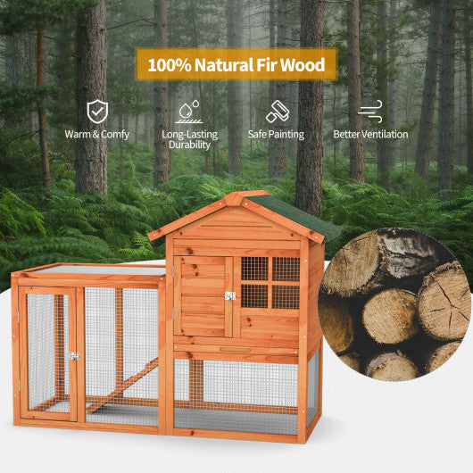 2-Story Wooden Rabbit Hutch with Running Area-Natural