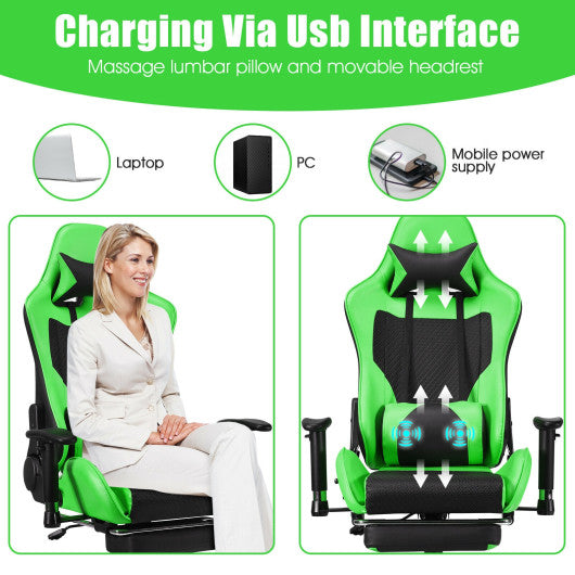 PU Leather Gaming Chair with USB Massage Lumbar Pillow and Footrest -Green