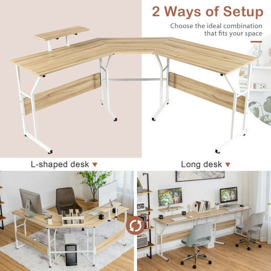 88.5 Inch L Shaped Reversible Computer Desk Table with Monitor Stand-Natural