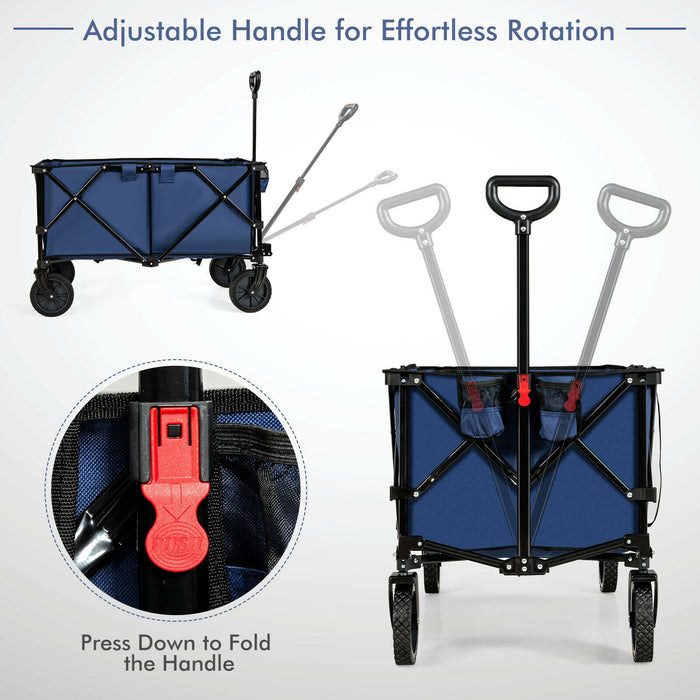 Outdoor Folding Wagon Cart with Adjustable Handle and Universal Wheels-Navy