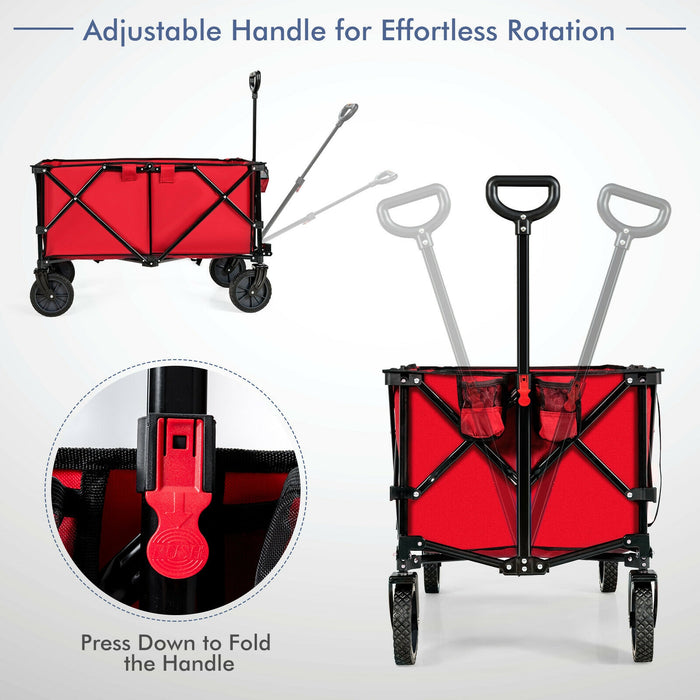 Outdoor Folding Wagon Cart with Adjustable Handle and Universal Wheels-Red