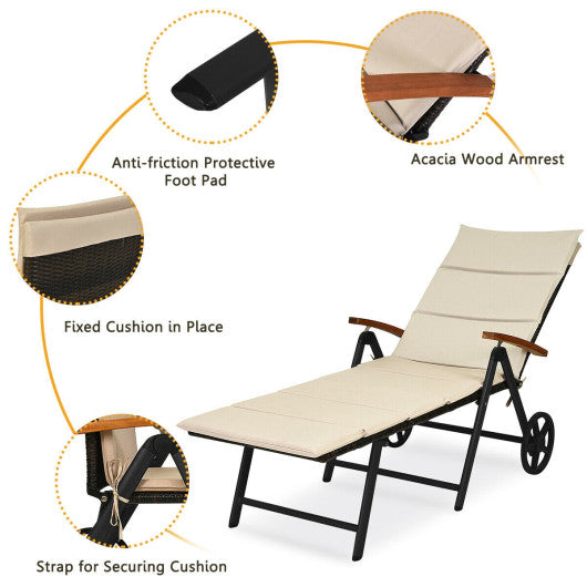 Outdoor Chaise Lounge Chair Rattan Lounger Recliner Chair-Beige