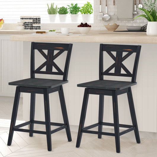 Set of 2 Swivel Counter Height Bar Stools with Solid Wood Legs-Black