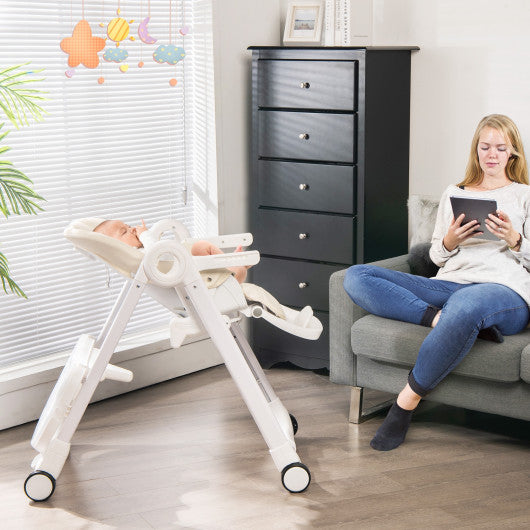 Baby Folding Convertible High Chair with Wheels and Adjustable Height-Beige