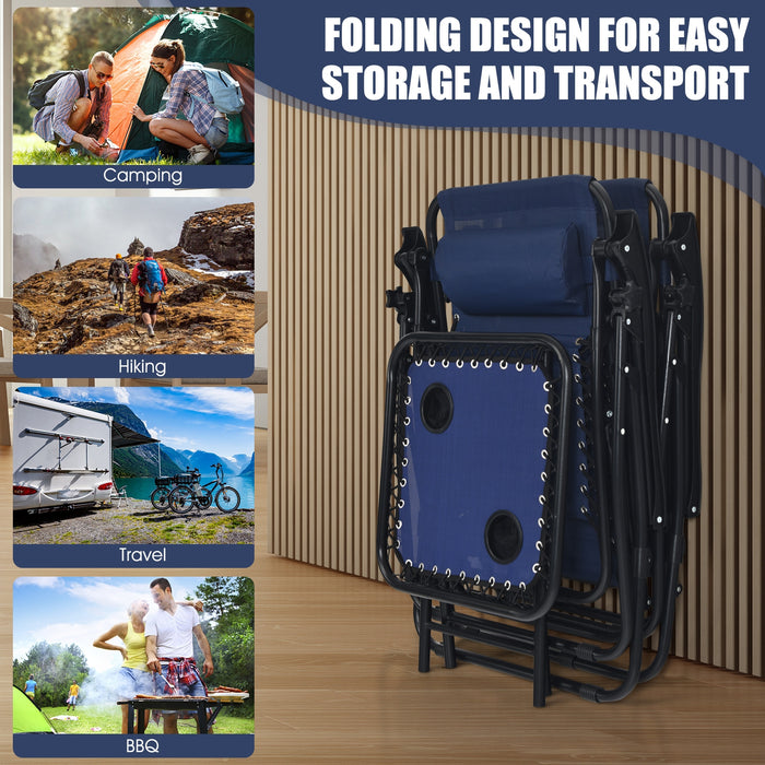 3 Pieces Folding Portable Zero Gravity Reclining Lounge Chairs Table Set-Navy