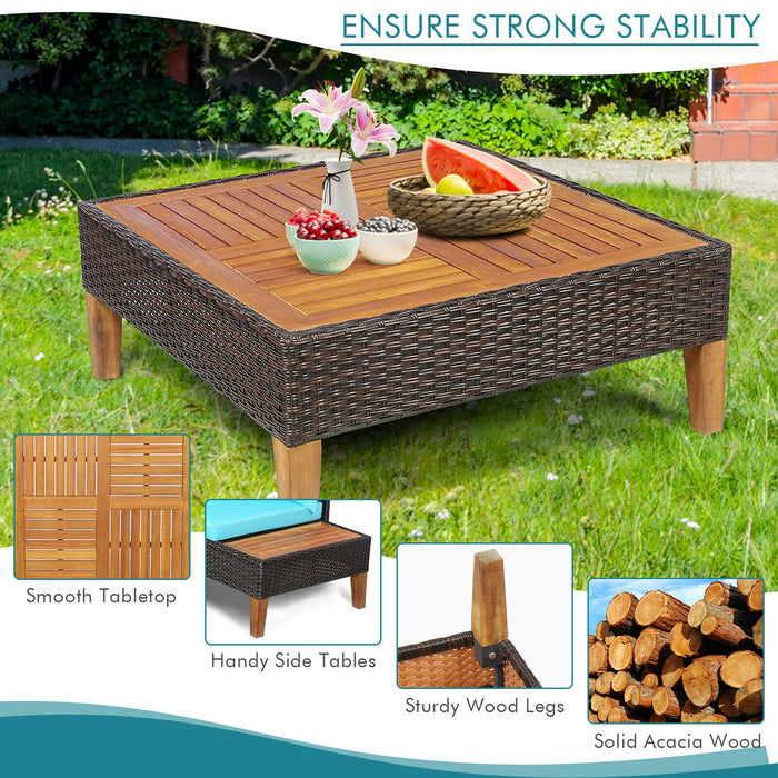 4 Pieces Patio Cushioned Rattan Furniture Set with Wooden Side Table-Turquoise