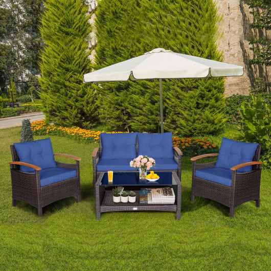 4 Pieces Patio Rattan Furniture Set with Cushioned Sofa and Storage Table-Navy