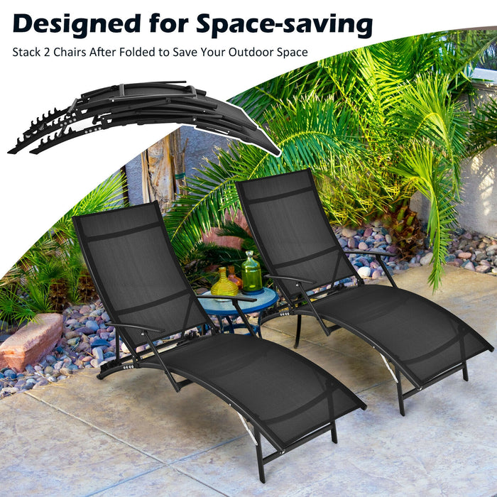 2 Pieces Patio Folding Stackable Lounge Chair Chaise with Armrest-Black