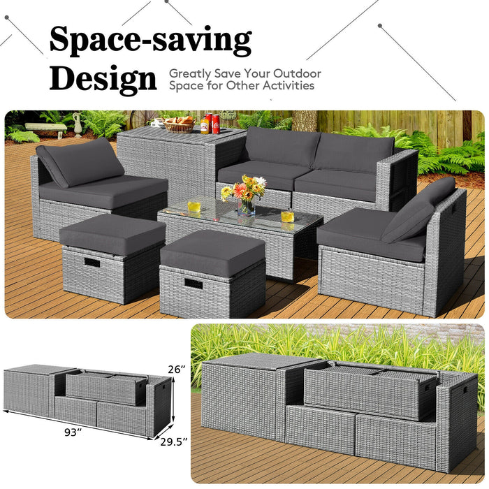 8 Pieces Patio Rattan Furniture Set with Storage Waterproof Cover and Cushion-Gray