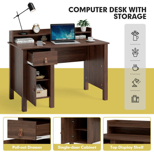 48 Inch Computer Desk Writing Workstation with Drawer and Hutch Walnut-Walnut