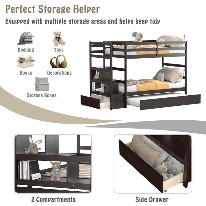 Twin Over Twin Bunk Bed with Storage Shelf and Drawer-Dark Brown