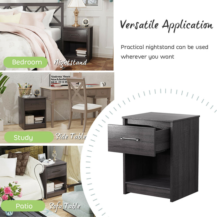 Wooden Nightstand with Drawer and Open Storage Compartment-Black