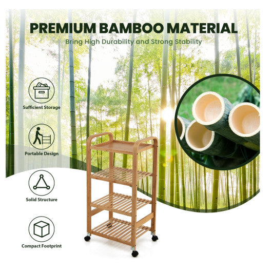 Bamboo Utility Cart with Storage Shelf and Lockable Casters-4-Tier