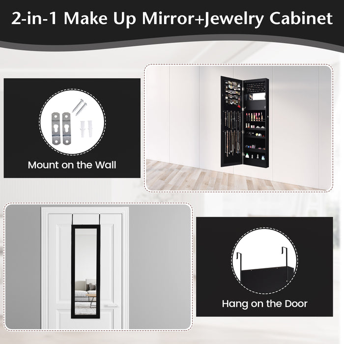 Lockable Wall Door Mounted Mirror Jewelry Cabinet w/LED Lights-Black