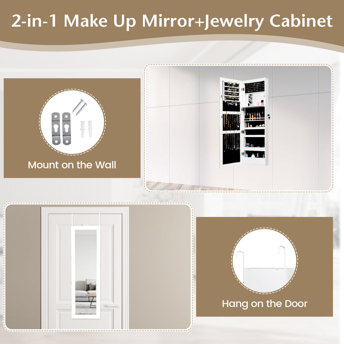 Lockable Wall Door Mounted Mirror Jewelry Cabinet w/LED Lights-White