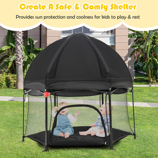 53 Inch Outdoor Baby Playpen with Canopy and Carrying Bag Portable Play Yard Toddlers-Black