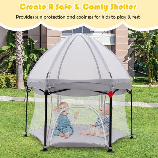 53 Inch Outdoor Baby Playpen with Canopy and Carrying Bag Portable Play Yard Toddlers-Gray