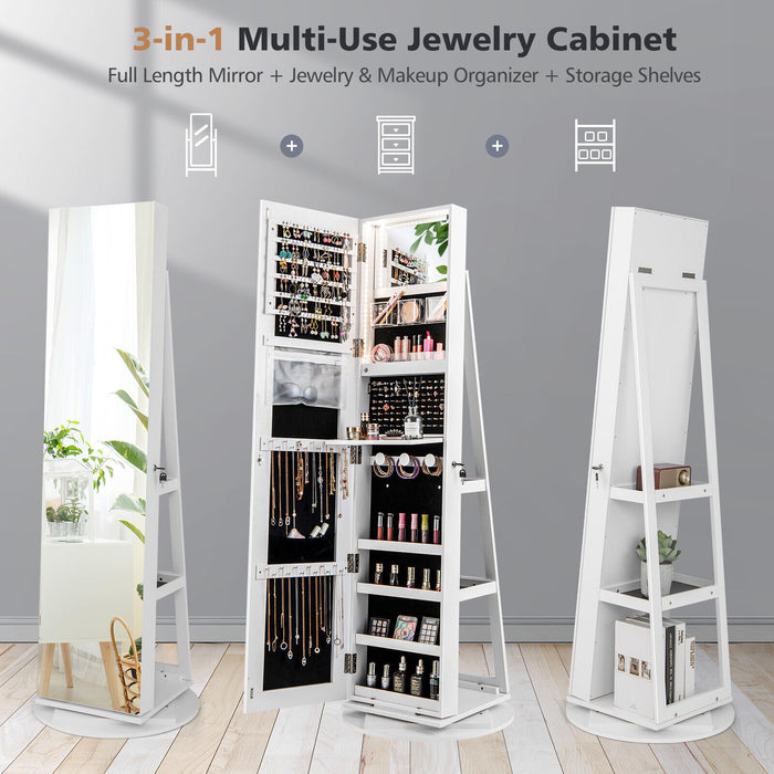 360Â° Rotating Mirrored Jewelry Cabinet Armoire 3 Color LED Modes Lockable-White