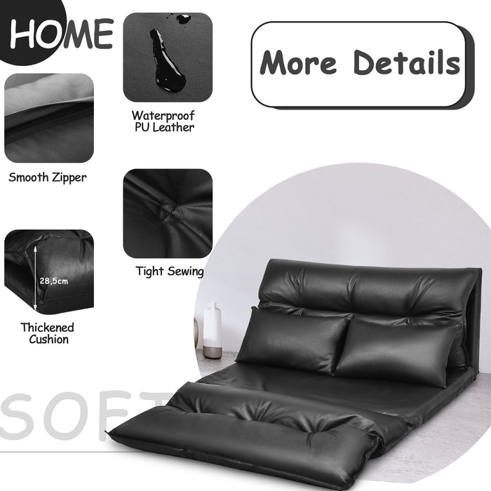 Foldable PU Leather Leisure Floor Sofa Bed with 2 Pillows-Black