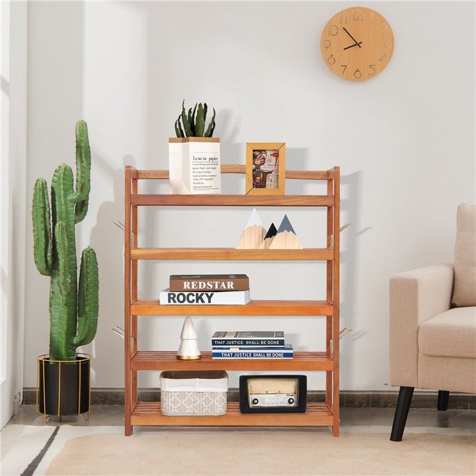 5-Tier Acacia Wood Shoe Rack with Side Metal Hooks