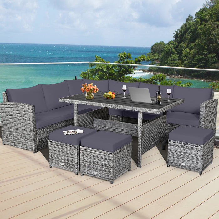 7 Pieces Patio Rattan Dining Furniture Sectional Sofa Set with Wicker Ottoman-Gray