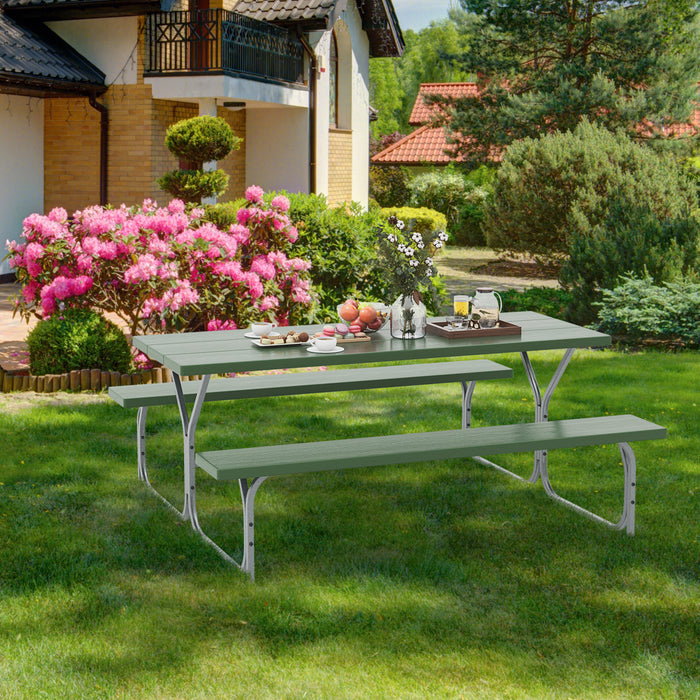 6 FT Picnic Table Bench Set Dining Table and 2 Benches with Metal Frame and HDPE Tabletop-Green