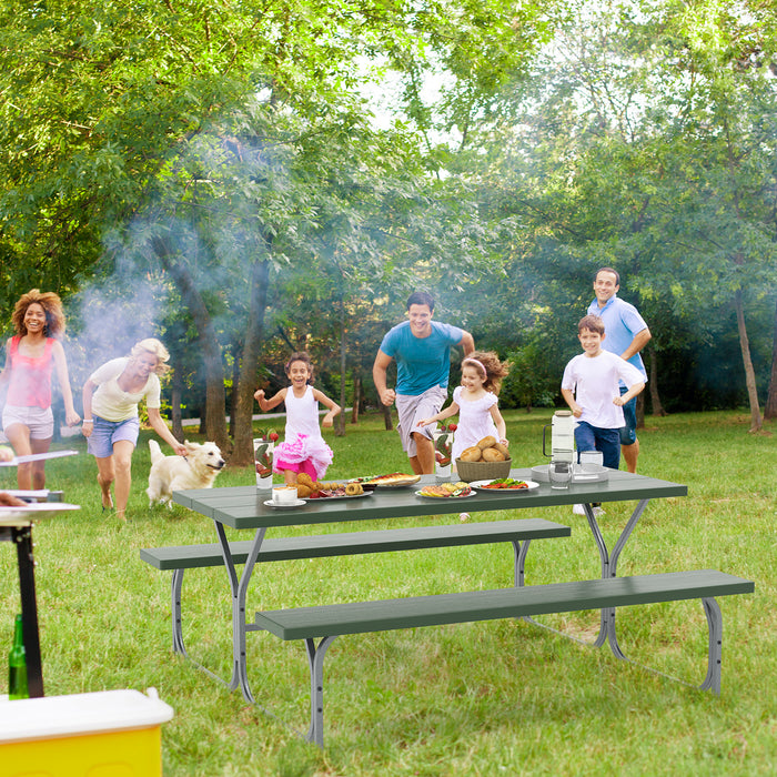 6 FT Picnic Table Bench Set Dining Table and 2 Benches with Metal Frame and HDPE Tabletop-Green