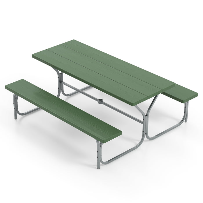 6 FT Picnic Table Bench Set Dining Table and 2 Benches with Metal Frame and HDPE Tabletop-Green