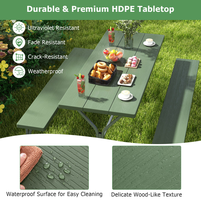 6 FT Picnic Table Bench Set Dining Table and 2 Benches with Metal Frame and HDPE Tabletop-Green