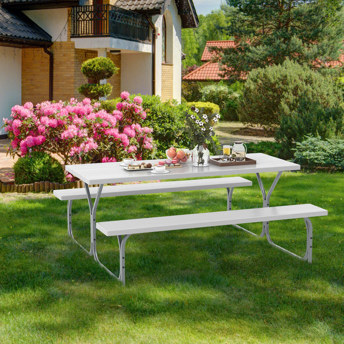 6 FT Picnic Table Bench Set Dining Table and 2 Benches with Metal Frame and HDPE Tabletop-White