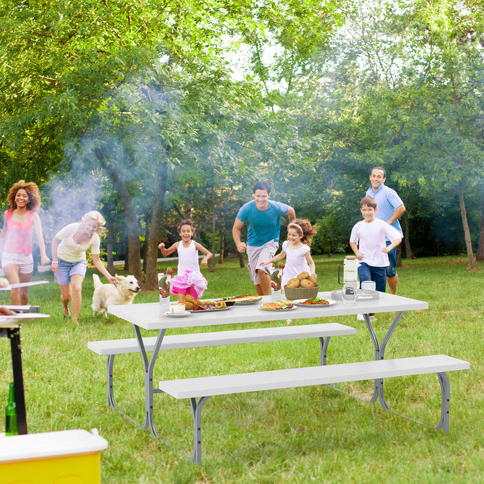 6 FT Picnic Table Bench Set Dining Table and 2 Benches with Metal Frame and HDPE Tabletop-White