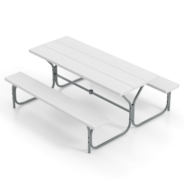 6 FT Picnic Table Bench Set Dining Table and 2 Benches with Metal Frame and HDPE Tabletop-White