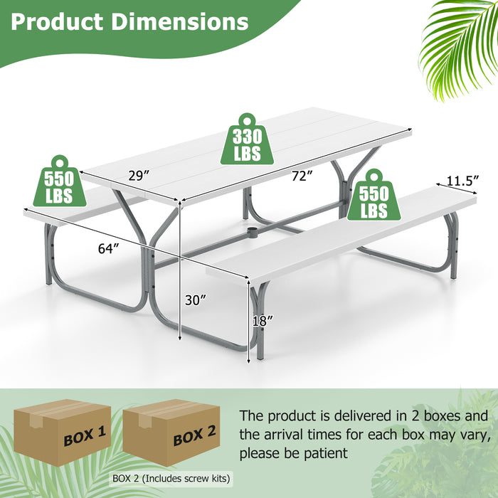 6 FT Picnic Table Bench Set Dining Table and 2 Benches with Metal Frame and HDPE Tabletop-White