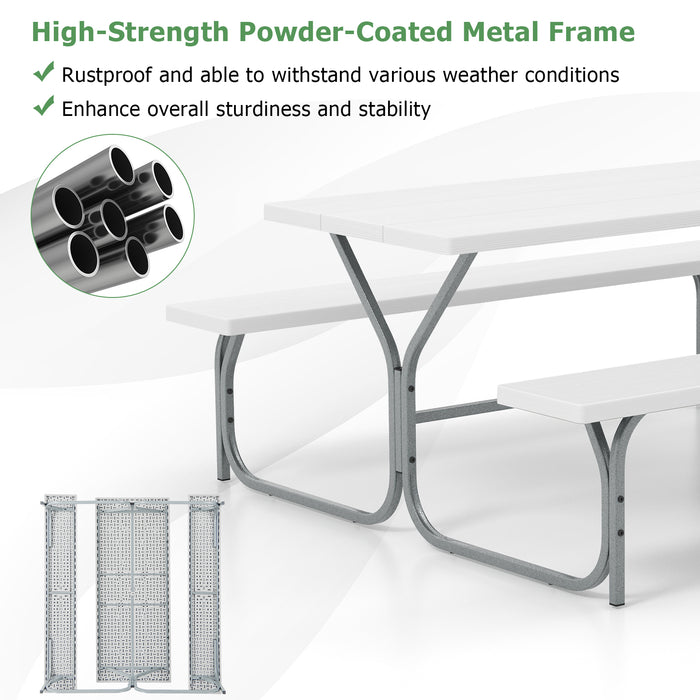 6 FT Picnic Table Bench Set Dining Table and 2 Benches with Metal Frame and HDPE Tabletop-White