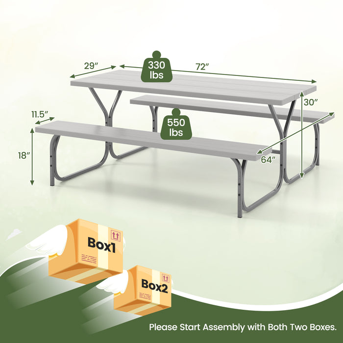 6 Feet Picnic Table Bench Set with HDPE Tabletop for 8 Person-Gray