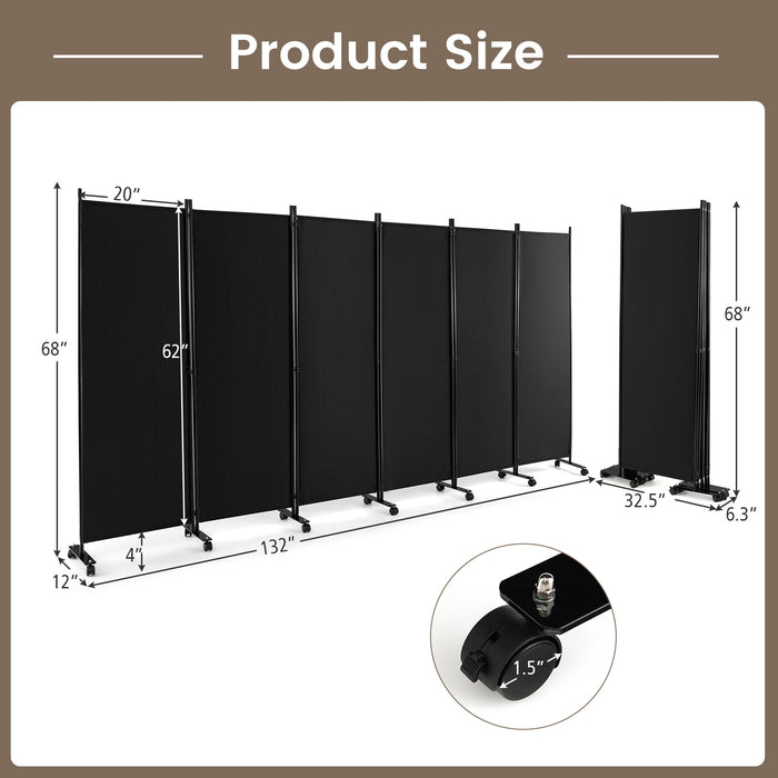 6 Panel 5.7 Feet Tall Rolling Room Divider on Wheels-Black