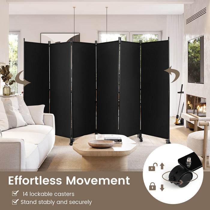 6 Panel 5.7 Feet Tall Rolling Room Divider on Wheels-Black